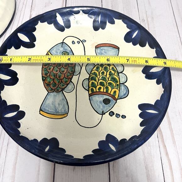 Vintage Boho Mexican Talavera Plates- Hand Painted Bird & Fish Folk Art Set of 2 - Picture 8 of 11